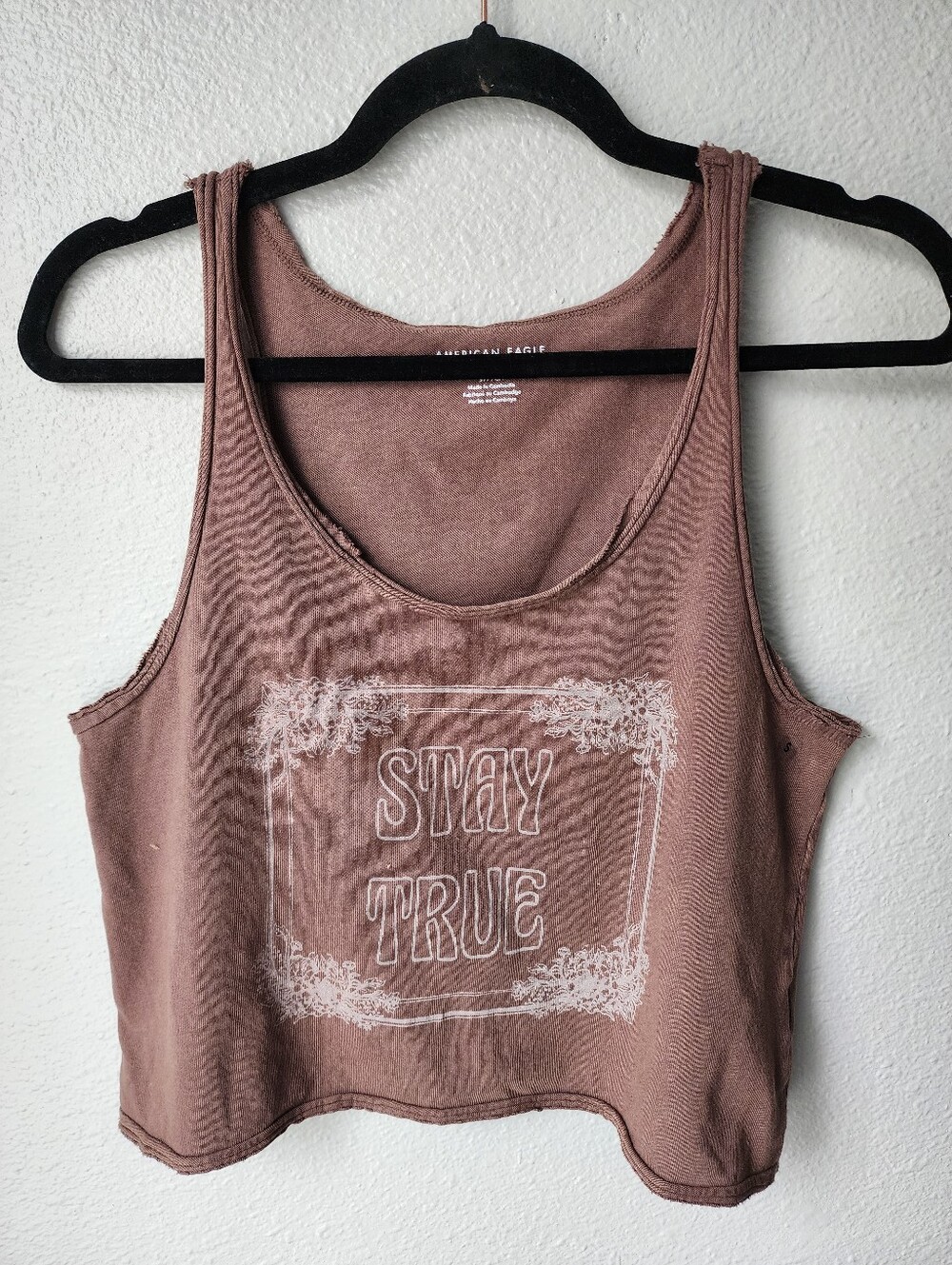 American Eagle Boxy Graphic Tank 'Stay True' Cropped Tank Size Small In Brown